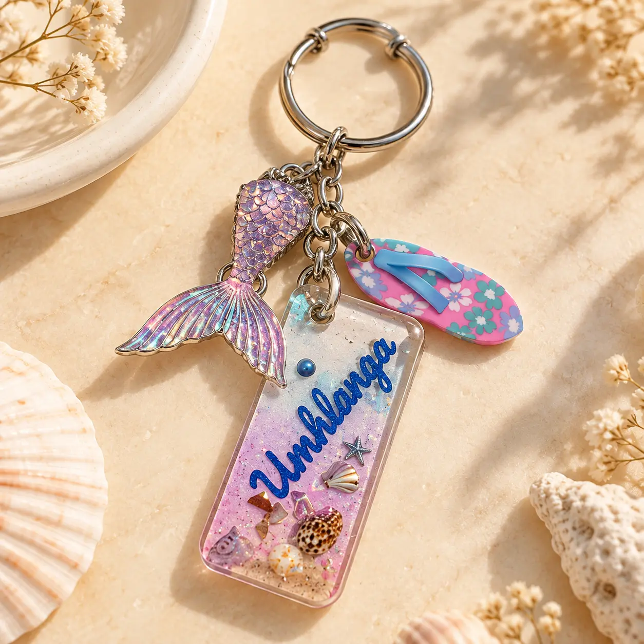 Umhlanga destination resin keyring with mermaid tail and flip-flop charm